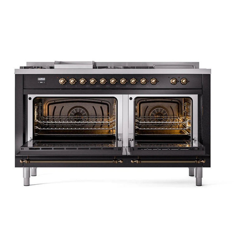 ILVE Nostalgie II Noblesse 60" Dual Fuel Freestanding Range in Glossy Black with Burnished Trim, UN60FSQNMPBKB