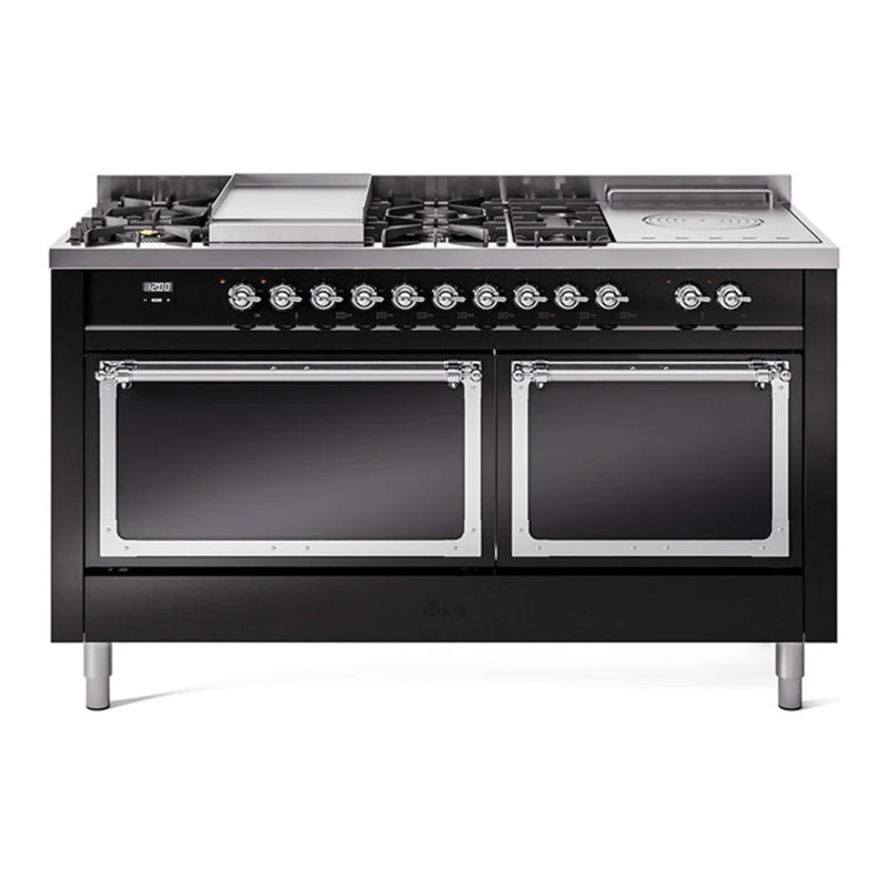 ILVE Nostalgie II Noblesse 60" Dual Fuel Freestanding Range in Glossy Black with Chrome Trim, UN60FSQNMPBKC