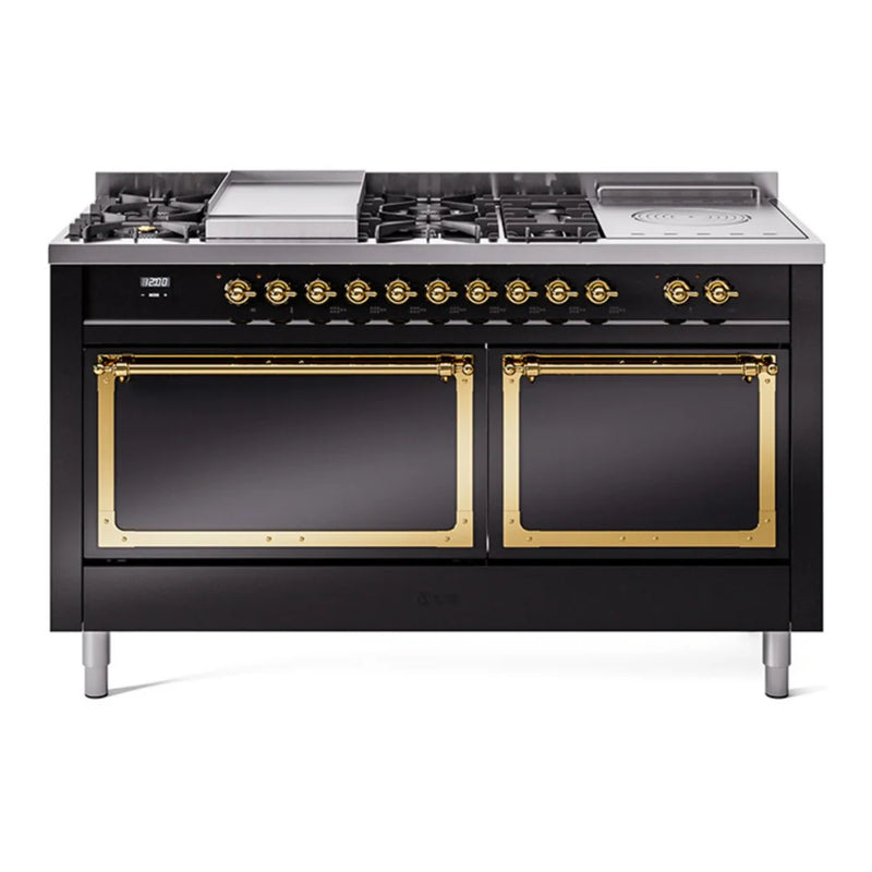 ILVE Nostalgie II Noblesse 60" Dual Fuel Freestanding Range in Glossy Black with Brass Trim, UN60FSQNMPBKGLP