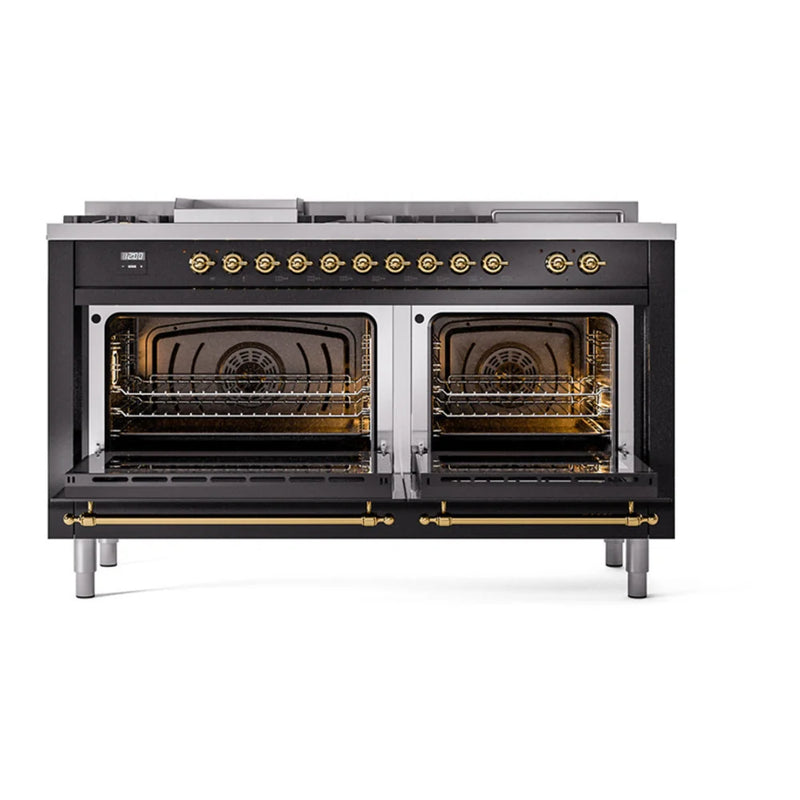 ILVE Nostalgie II Noblesse 60" Dual Fuel Freestanding Range in Glossy Black with Brass Trim, UN60FSQNMPBKG