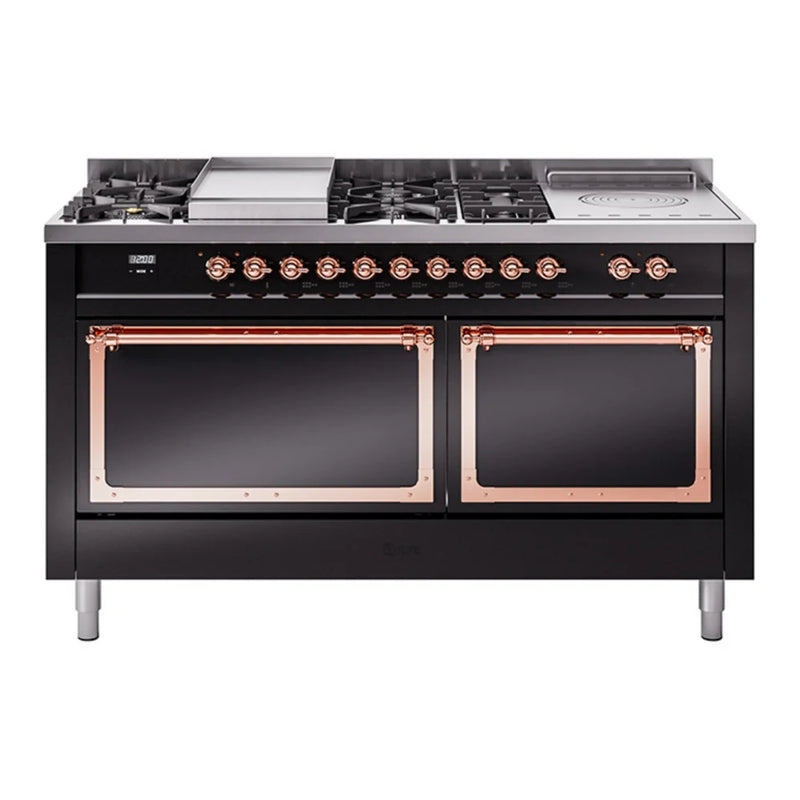 ILVE Nostalgie II Noblesse 60" Dual Fuel Freestanding Range in Glossy Black with Copper Trim, UN60FSQNMPBKP