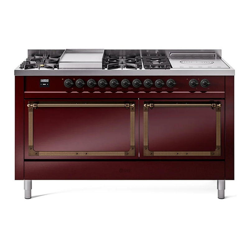 ILVE Nostalgie II Noblesse 60" Dual Fuel Freestanding Range in Burgundy with Burnished Trim, UN60FSQNMPBUBLP