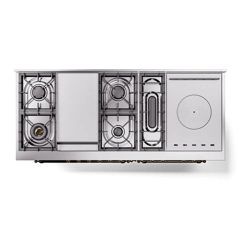 ILVE Nostalgie II Noblesse 60" Dual Fuel Freestanding Range in Burgundy with Burnished Trim, UN60FSQNMPBUBLP