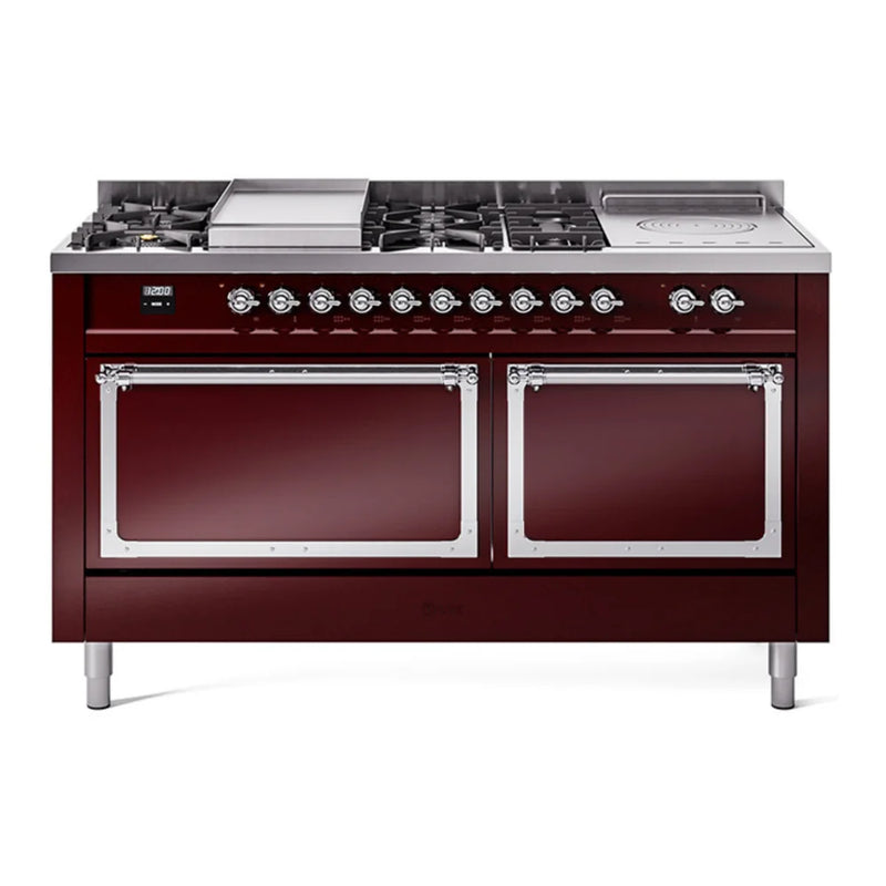 ILVE Nostalgie II Noblesse 60" Dual Fuel Freestanding Range in Burgundy with Chrome Trim, UN60FSQNMPBUCLP