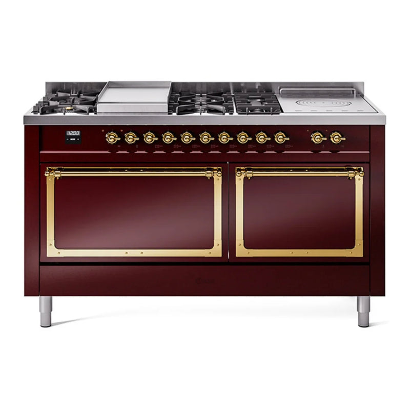ILVE Nostalgie II Noblesse 60" Dual Fuel Freestanding Range in Burgundy with Brass Trim, UN60FSQNMPBUGLP