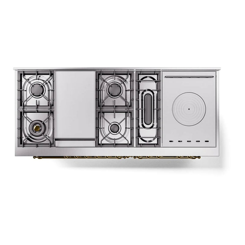 ILVE Nostalgie II Noblesse 60" Dual Fuel Freestanding Range in Burgundy with Brass Trim, UN60FSQNMPBUGLP
