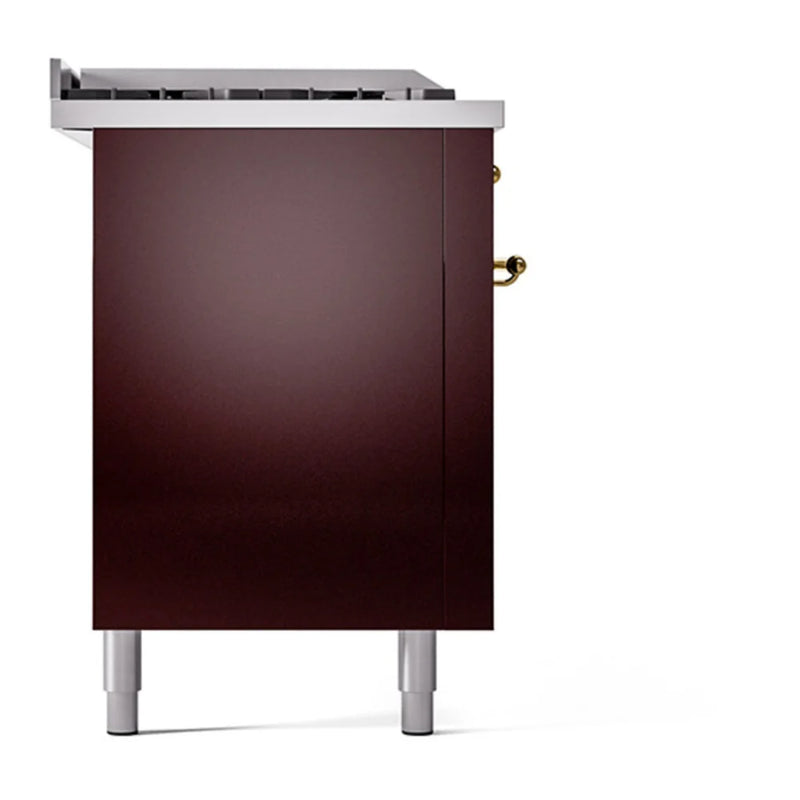 ILVE Nostalgie II Noblesse 60" Dual Fuel Freestanding Range in Burgundy with Brass Trim, UN60FSQNMPBUGLP