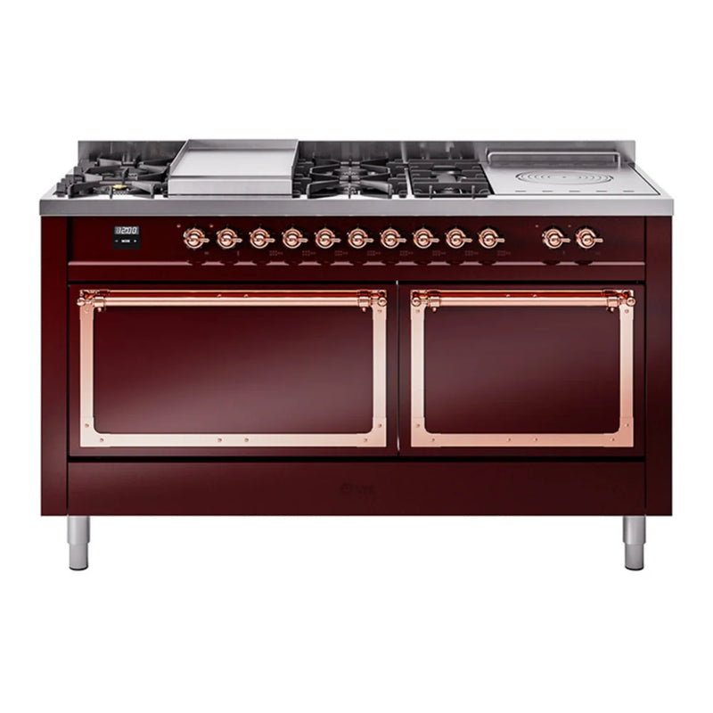 ILVE Nostalgie II Noblesse 60" Dual Fuel Freestanding Range in Burgundy with Copper Trim, UN60FSQNMPBUPLP