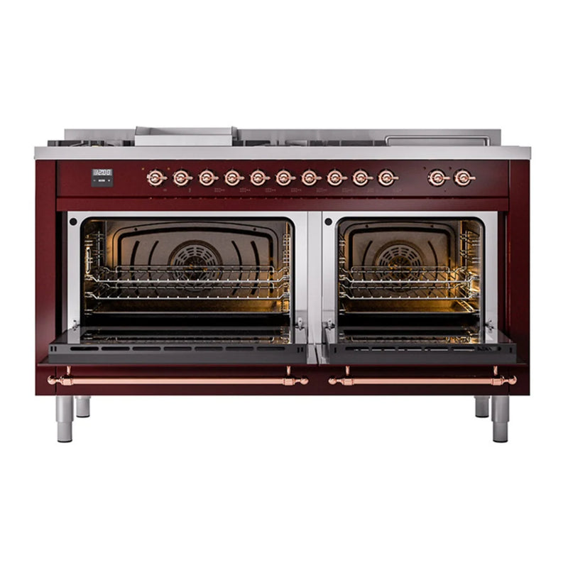 ILVE Nostalgie II Noblesse 60" Dual Fuel Freestanding Range in Burgundy with Copper Trim, UN60FSQNMPBUPLP