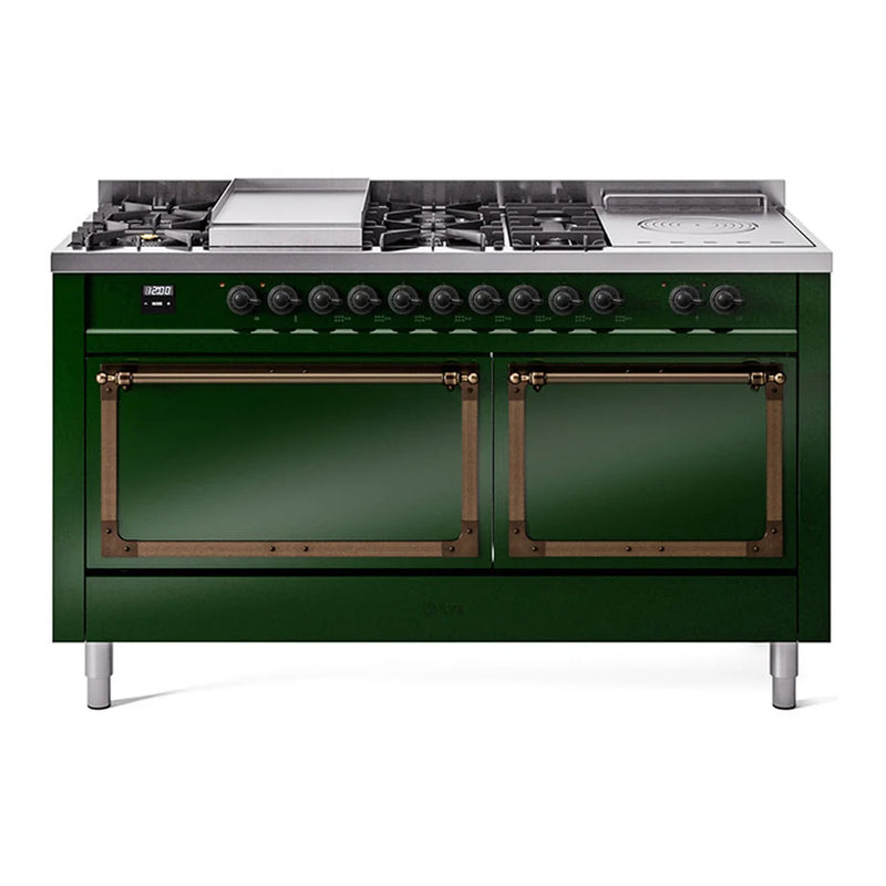 ILVE Nostalgie II Noblesse 60" Dual Fuel Freestanding Range in Emerald Green with Burnished Trim, UN60FSQNMPEGB