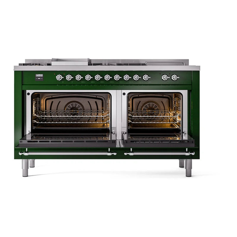 ILVE Nostalgie II Noblesse 60" Dual Fuel Freestanding Range in Emerald Green with Chrome Trim, UN60FSQNMPEGCLP