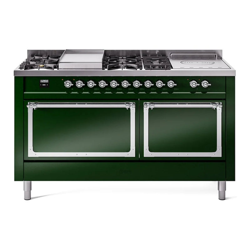 ILVE Nostalgie II Noblesse 60" Dual Fuel Freestanding Range in Emerald Green with Chrome Trim, UN60FSQNMPEGC
