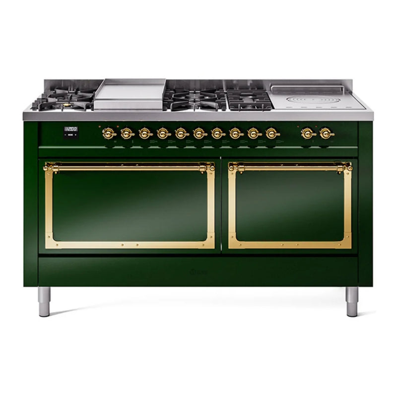 ILVE Nostalgie II Noblesse 60" Dual Fuel Freestanding Range in Emerald Green with Brass Trim, UN60FSQNMPEGGLP