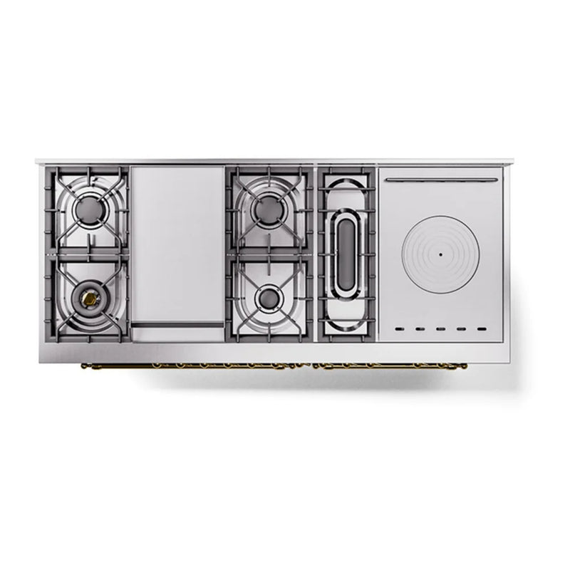 ILVE Nostalgie II Noblesse 60" Dual Fuel Freestanding Range in Emerald Green with Brass Trim, UN60FSQNMPEGGLP