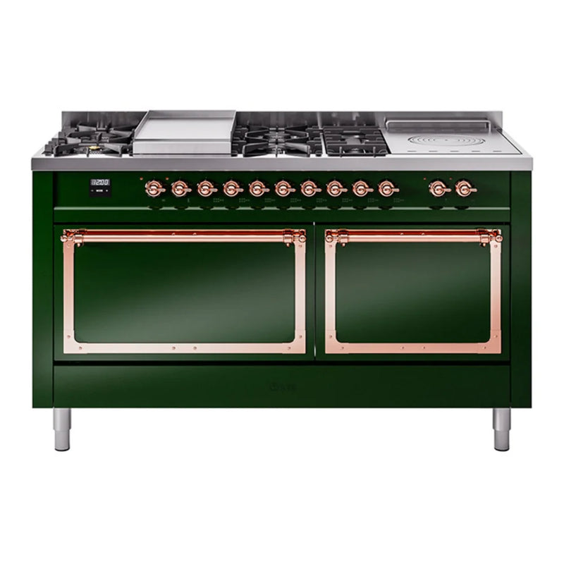 ILVE Nostalgie II Noblesse 60" Dual Fuel Freestanding Range in Emerald Green with Copper Trim, UN60FSQNMPEGPLP
