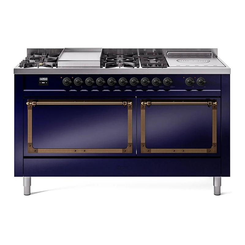 ILVE Nostalgie II Noblesse 60" Dual Fuel Freestanding Range in Midnight Blue with Burnished Trim, UN60FSQNMPMBBLP