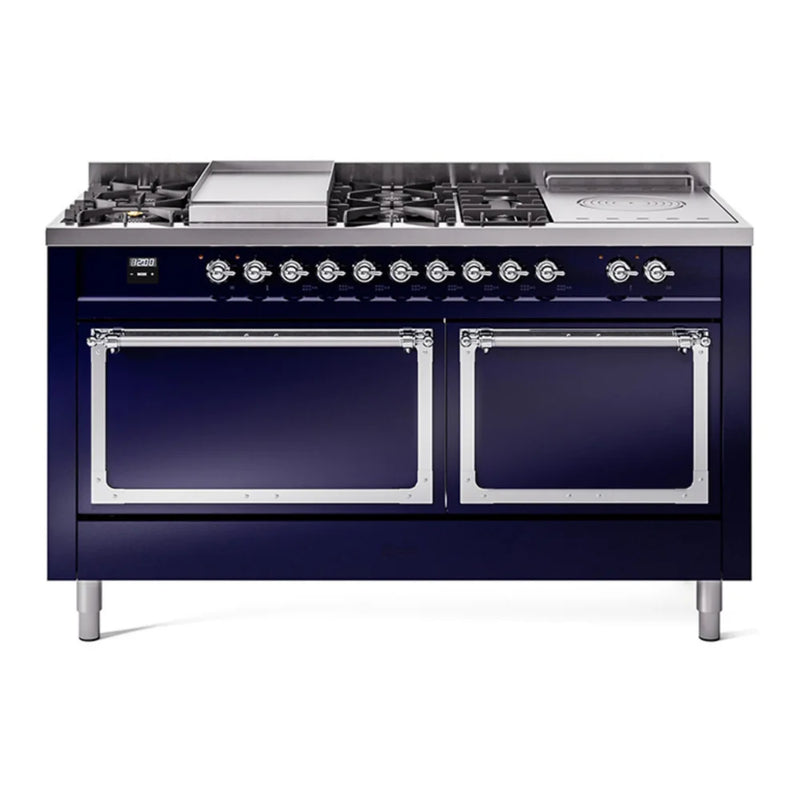 ILVE Nostalgie II Noblesse 60" Dual Fuel Freestanding Range in Midnight Blue with Chrome Trim, UN60FSQNMPMBC