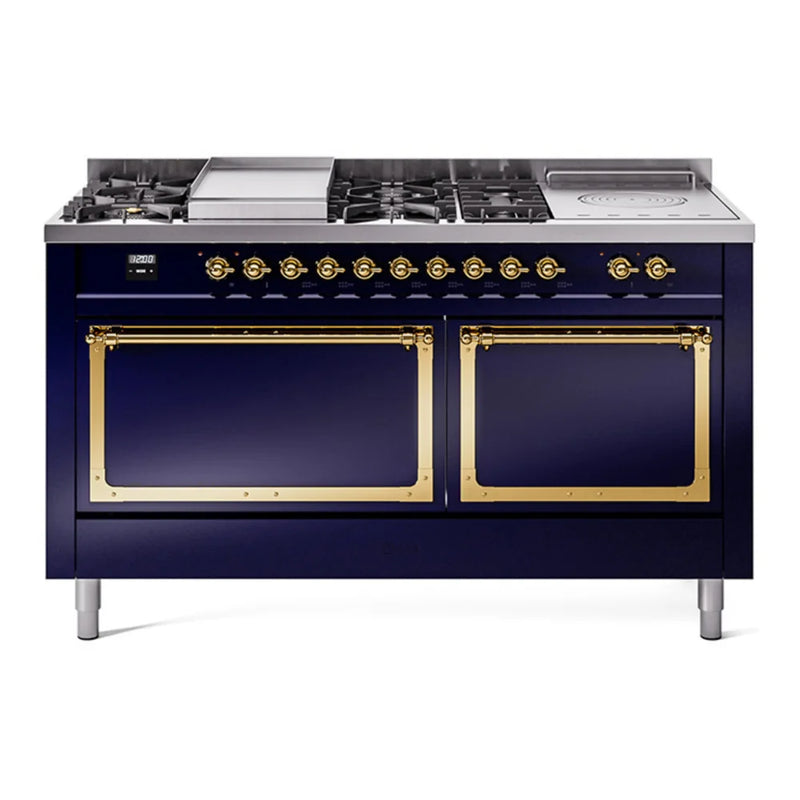ILVE Nostalgie II Noblesse 60" Dual Fuel Freestanding Range in Midnight Blue with Brass Trim, UN60FSQNMPMBG