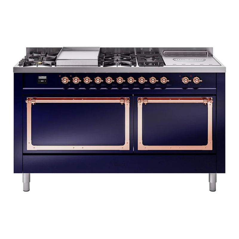 ILVE Nostalgie II Noblesse 60" Dual Fuel Freestanding Range in Midnight Blue with Copper Trim, UN60FSQNMPMBPLP