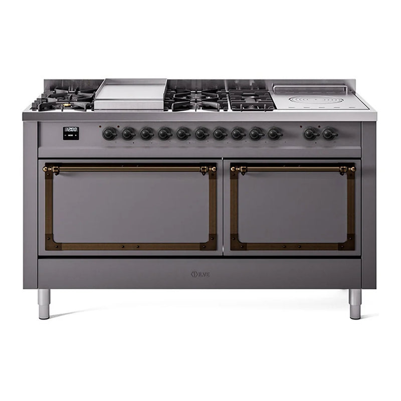 ILVE Nostalgie II Noblesse 60" Dual Fuel Freestanding Range in Graphite Matte with Burnished Trim, UN60FSQNMPMGBLP