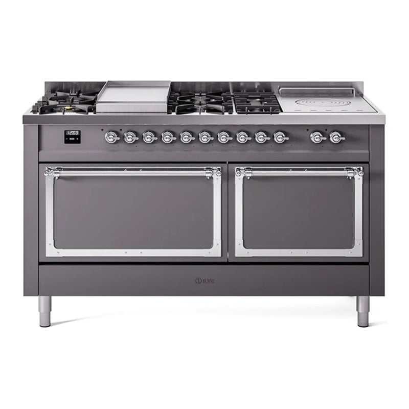 ILVE Nostalgie II Noblesse 60" Dual Fuel Freestanding Range in Graphite Matte with Chrome Trim, UN60FSQNMPMGC