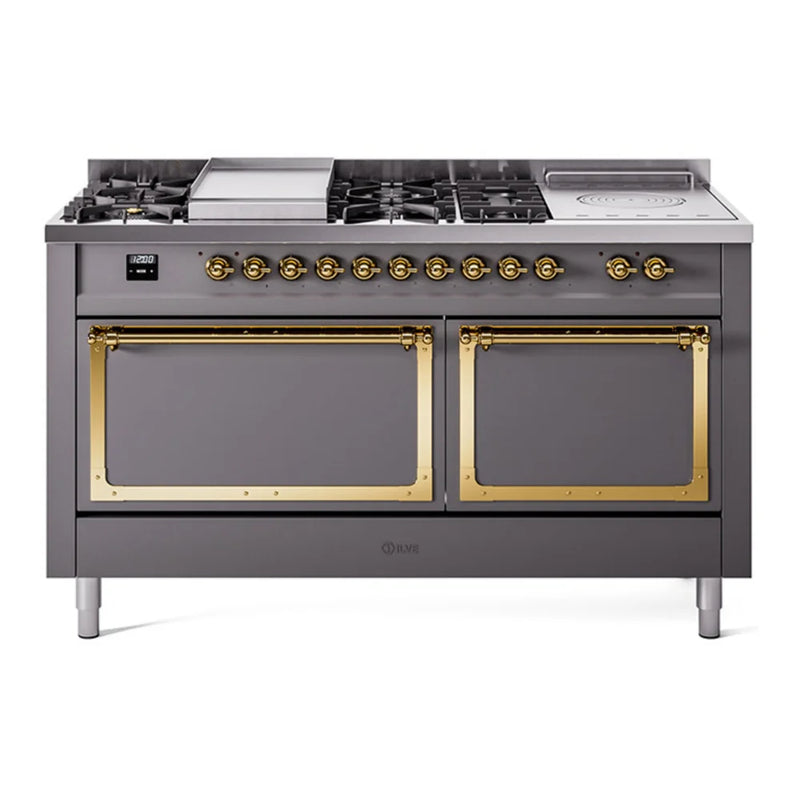 ILVE Nostalgie II Noblesse 60" Dual Fuel Freestanding Range in Graphite Matte with Brass Trim, UN60FSQNMPMGG