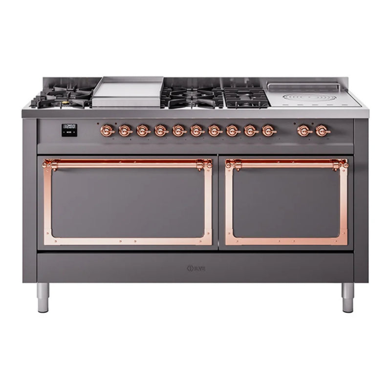 ILVE Nostalgie II Noblesse 60" Dual Fuel Freestanding Range in Graphite Matte with Copper Trim, UN60FSQNMPMGP
