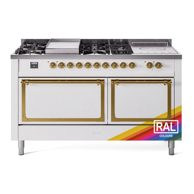 ILVE Nostalgie II Noblesse 60" Dual Fuel Freestanding Range in RAL Color with Brass Trim, UN60FSQNMPRAGLP