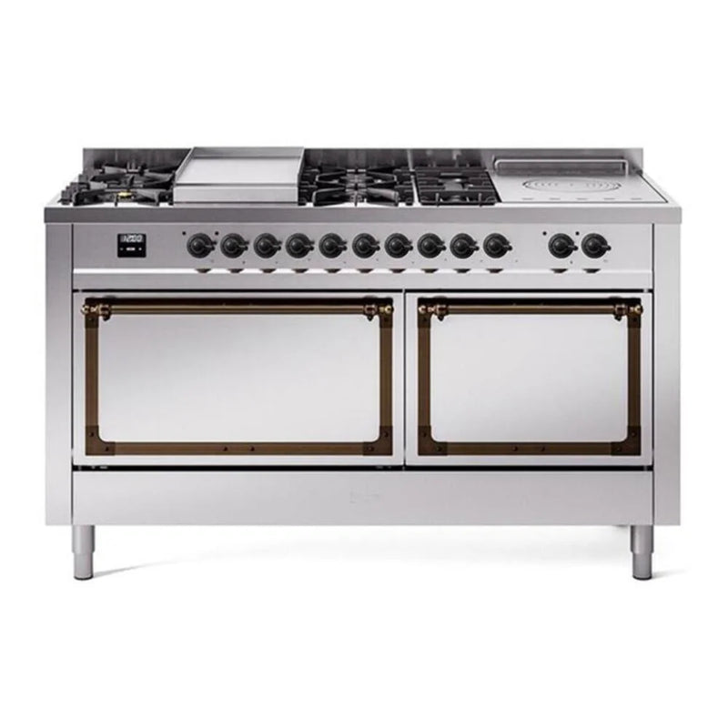 ILVE Nostalgie II Noblesse 60" Dual Fuel Freestanding Range in Stainless Steel with Burnished Trim, UN60FSQNMPSSB