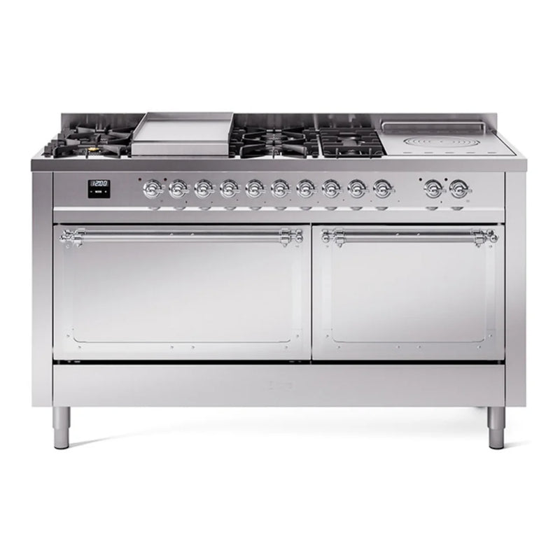 ILVE Nostalgie II Noblesse 60" Dual Fuel Freestanding Range in Stainless Steel with Chrome Trim, UN60FSQNMPSSCLP