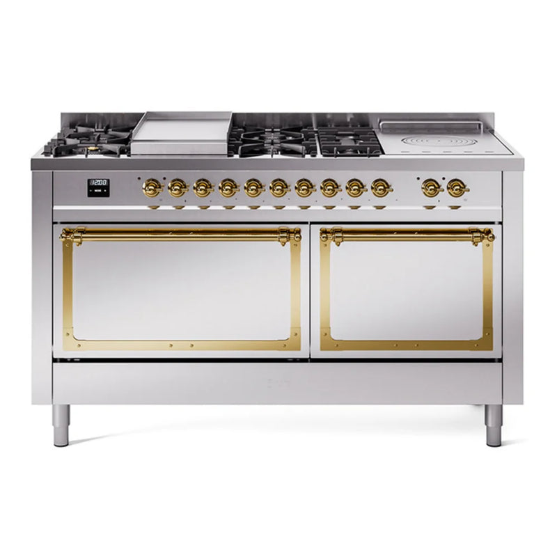 ILVE Nostalgie II Noblesse 60" Dual Fuel Freestanding Range in Stainless Steel with Brass Trim, UN60FSQNMPSSGLP