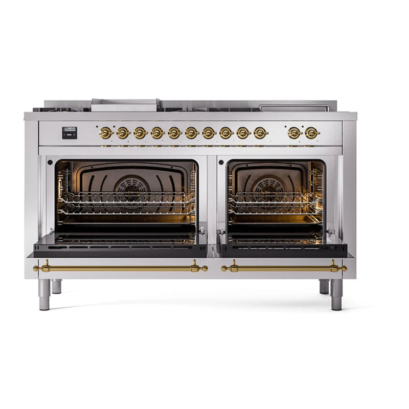 ILVE Nostalgie II Noblesse 60" Dual Fuel Freestanding Range in Stainless Steel with Brass Trim, UN60FSQNMPSSGLP