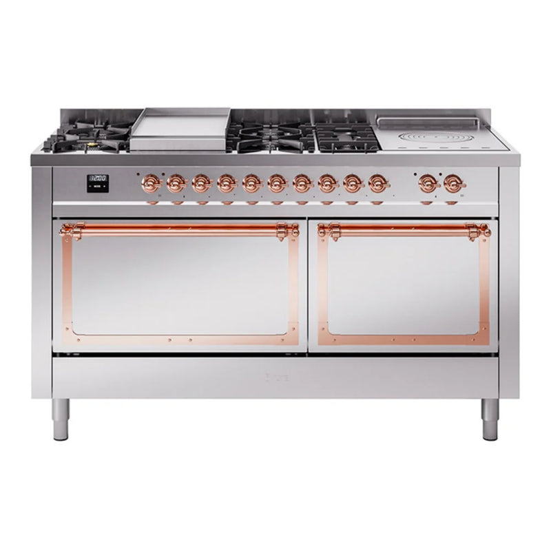ILVE Nostalgie II Noblesse 60" Dual Fuel Freestanding Range in Stainless Steel with Copper Trim, UN60FSQNMPSSPLP