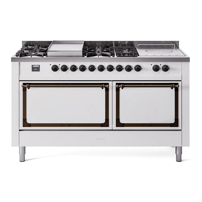 ILVE Nostalgie II Noblesse 60" Dual Fuel Freestanding Range in White with Burnished Trim, UN60FSQNMPWHBLP