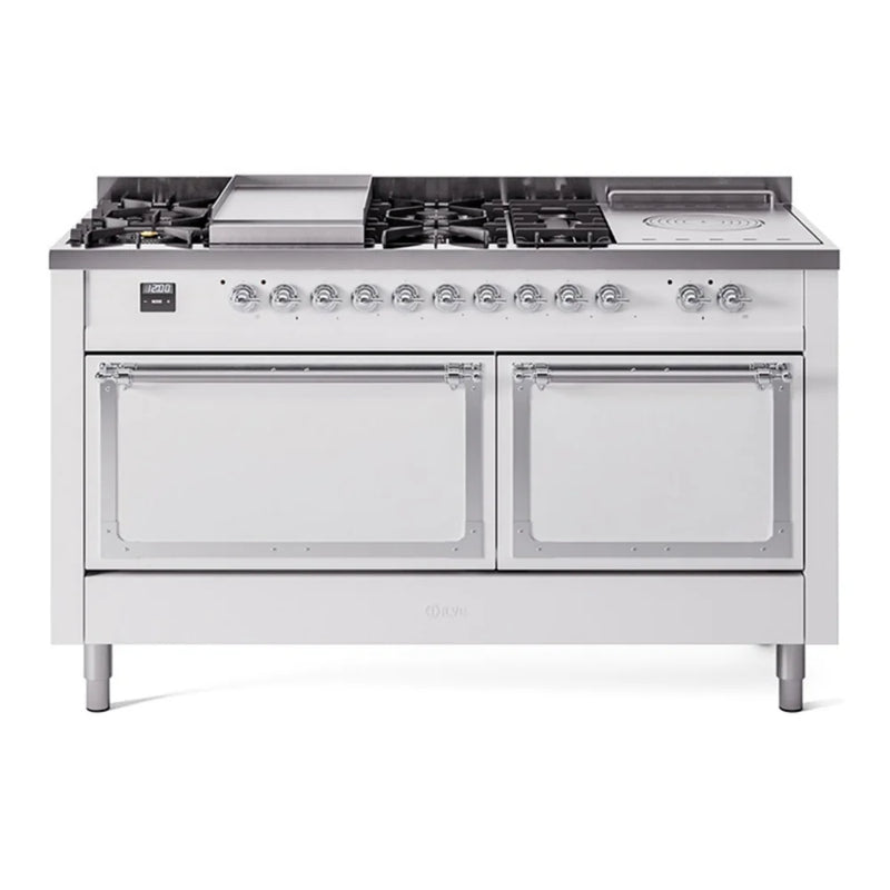 ILVE Nostalgie II Noblesse 60" Dual Fuel Freestanding Range in White with Chrome Trim, UN60FSQNMPWHCLP