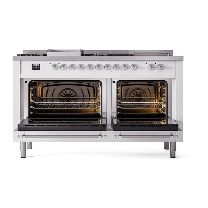 ILVE Nostalgie II Noblesse 60" Dual Fuel Freestanding Range in White with Chrome Trim, UN60FSQNMPWHCLP