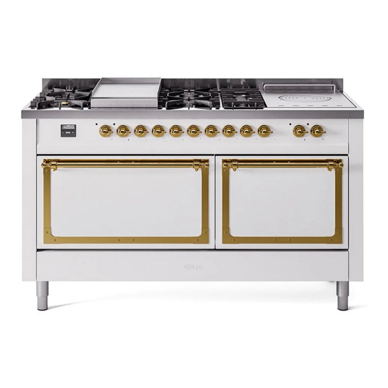 ILVE Nostalgie II Noblesse 60" Dual Fuel Freestanding Range in White with Brass Trim, UN60FSQNMPWHGLP