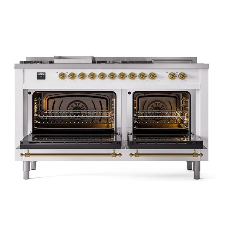 ILVE Nostalgie II Noblesse 60" Dual Fuel Freestanding Range in White with Brass Trim, UN60FSQNMPWHG