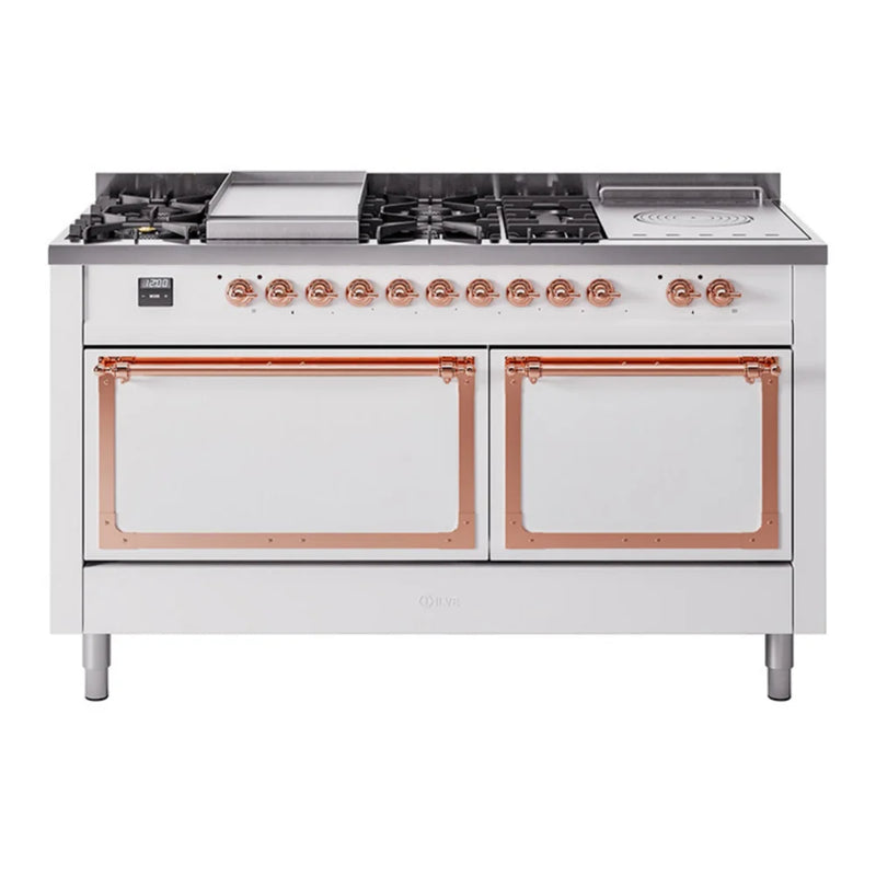 ILVE Nostalgie II Noblesse 60" Dual Fuel Freestanding Range in White with Copper Trim, UN60FSQNMPWHPLP