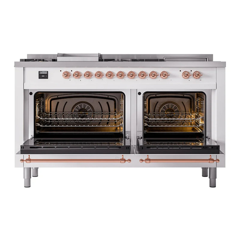 ILVE Nostalgie II Noblesse 60" Dual Fuel Freestanding Range in White with Copper Trim, UN60FSQNMPWHPLP