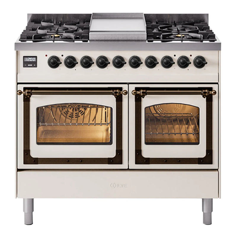 ILVE Nostalgie II Noblesse 40" Dual Fuel Freestanding Range in Antique White with Burnished Trim, UND40FNMPAWBLP