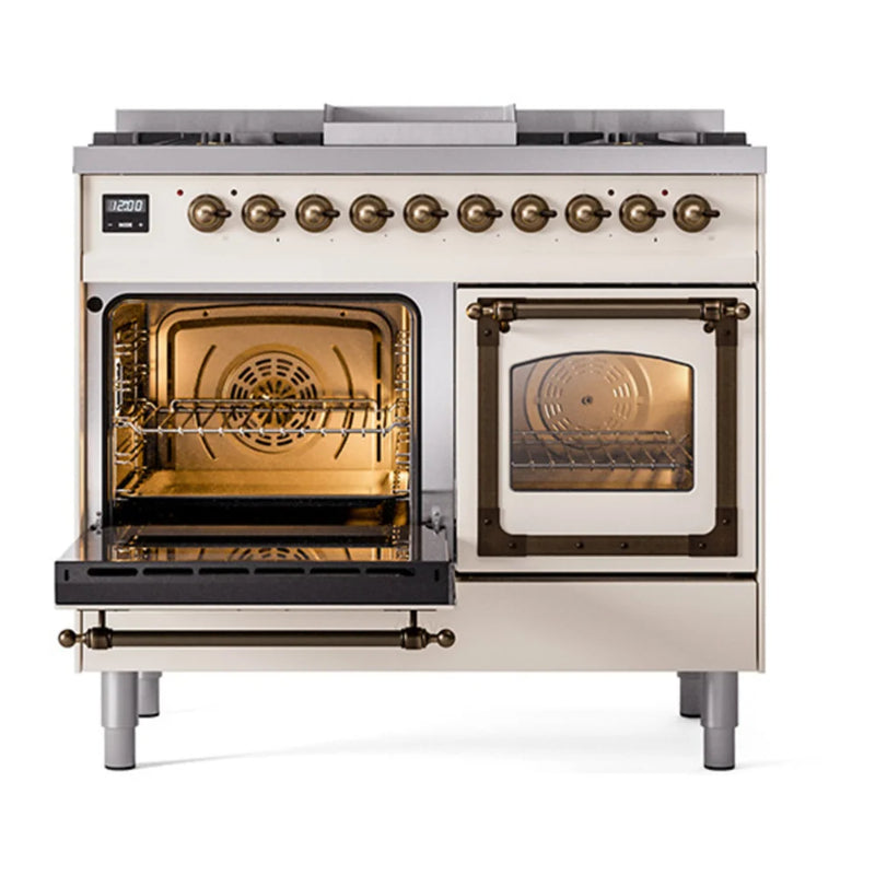 ILVE Nostalgie II Noblesse 40" Dual Fuel Freestanding Range in Antique White with Burnished Trim, UND40FNMPAWBLP