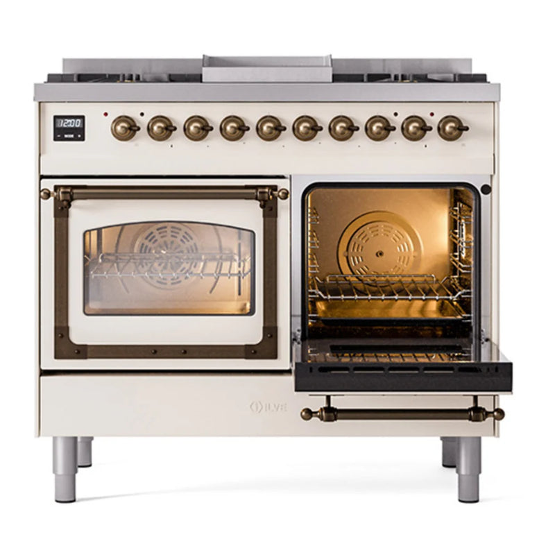 ILVE Nostalgie II Noblesse 40" Dual Fuel Freestanding Range in Antique White with Burnished Trim, UND40FNMPAWBLP