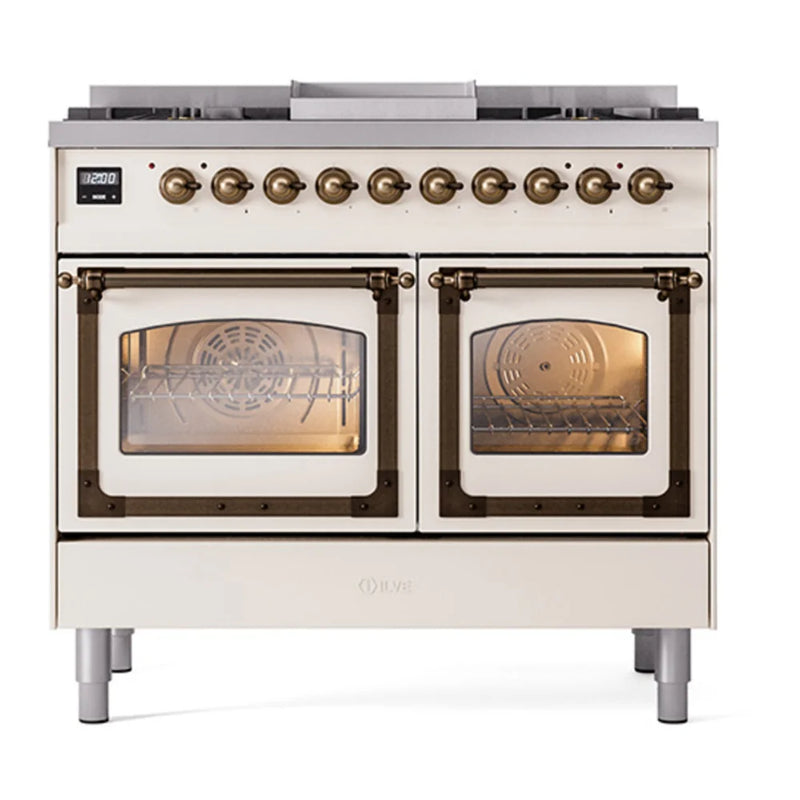 ILVE Nostalgie II Noblesse 40" Dual Fuel Freestanding Range in Antique White with Burnished Trim, UND40FNMPAWBLP