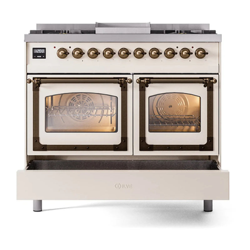 ILVE Nostalgie II Noblesse 40" Dual Fuel Freestanding Range in Antique White with Burnished Trim, UND40FNMPAWBLP