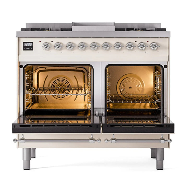 ILVE Nostalgie II Noblesse 40" Dual Fuel Freestanding Range in Antique White with Burnished Trim, UND40FNMPAWB
