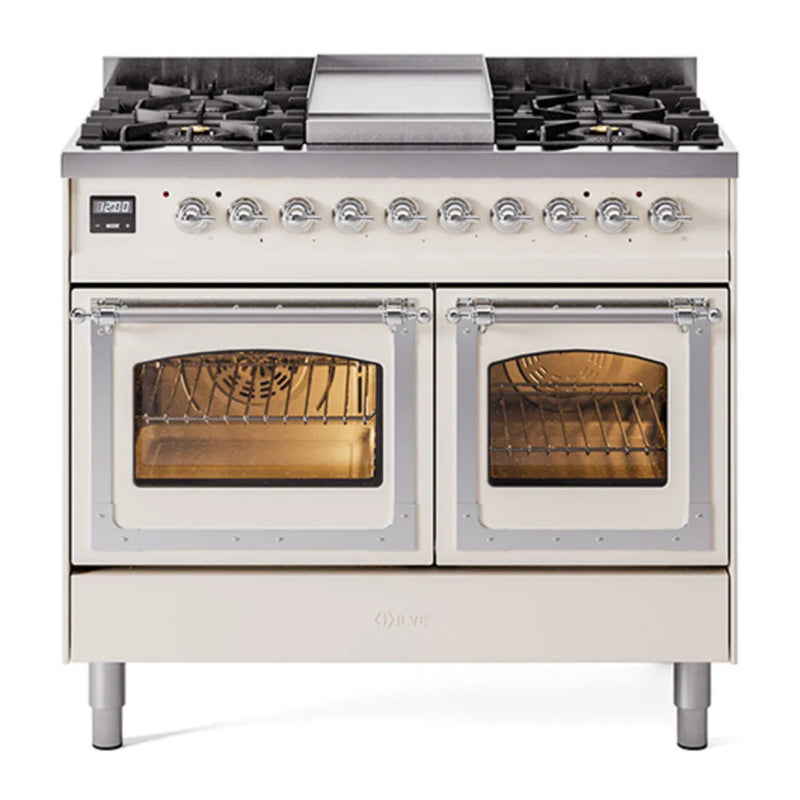 ILVE Nostalgie II Noblesse 40" Dual Fuel Freestanding Range in Antique White with Chrome Trim, UND40FNMPAWCLP