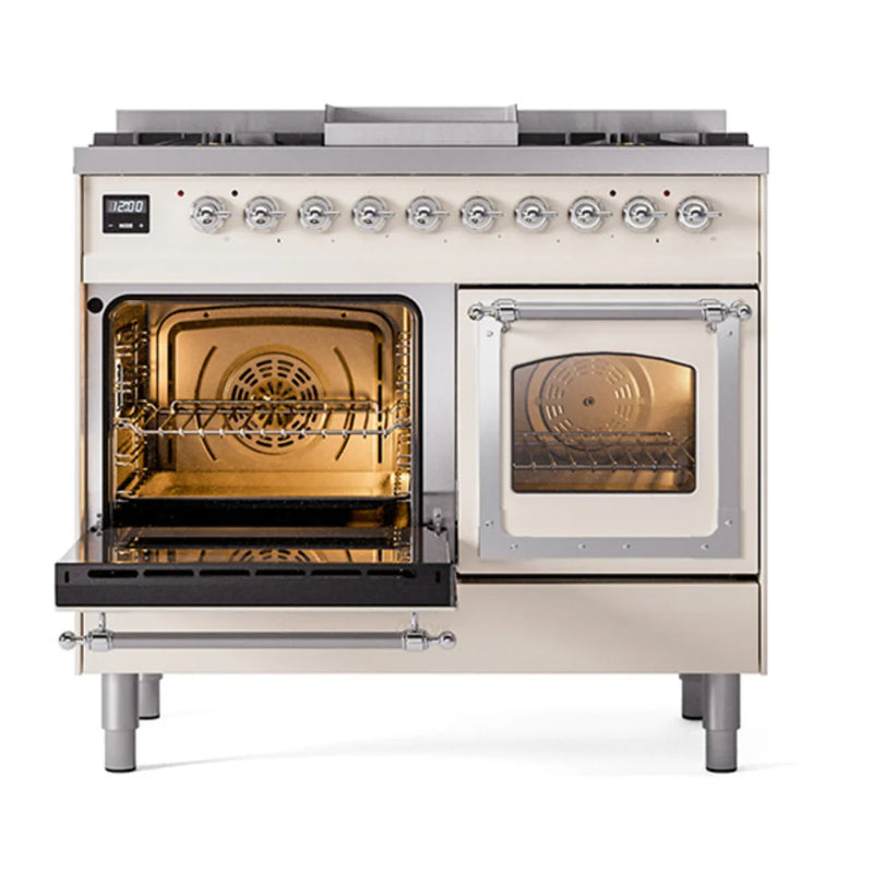 ILVE Nostalgie II Noblesse 40" Dual Fuel Freestanding Range in Antique White with Chrome Trim, UND40FNMPAWCLP