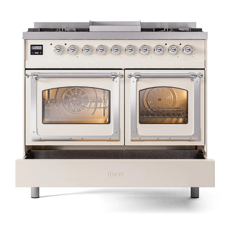 ILVE Nostalgie II Noblesse 40" Dual Fuel Freestanding Range in Antique White with Chrome Trim, UND40FNMPAWCLP