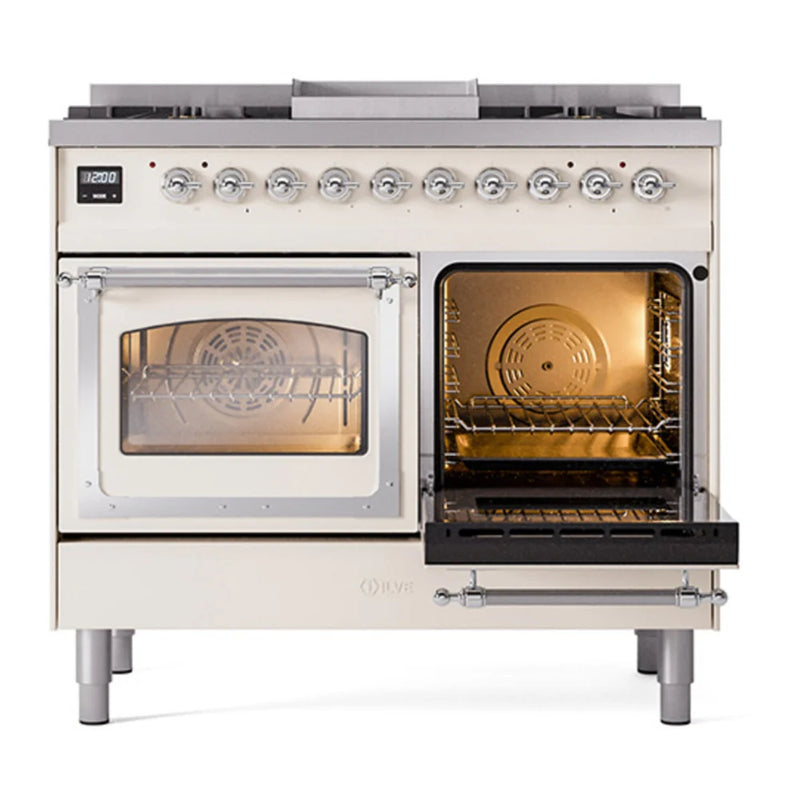 ILVE Nostalgie II Noblesse 40" Dual Fuel Freestanding Range in Antique White with Chrome Trim, UND40FNMPAWC